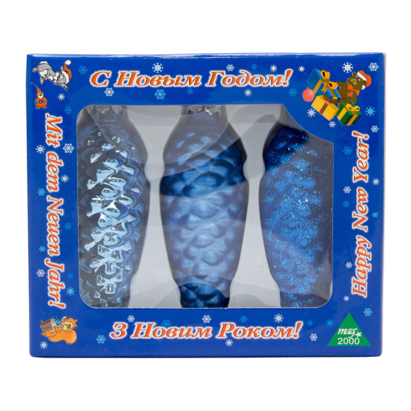 Набір ялинкових іграшок - шишки, 3 шт, 10 см, синій, скло (390137-4)