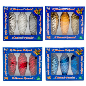 Набір ялинкових іграшок - шишки, 3 шт, 10 см, синій, скло (390137-4)