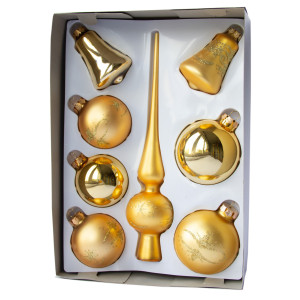Набір ялинкових іграшок - кулі з верхівкою, 8 шт, D6-8 см, золотистий, сніжинки, скло, мікс (390281-4)