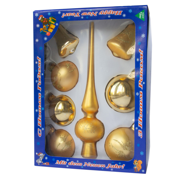 Набір ялинкових іграшок - кулі з верхівкою, 8 шт, D6-8 см, золотистий, сніжинки, скло, мікс (390281-4)