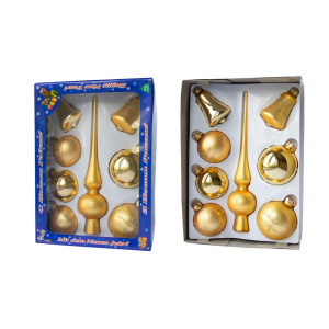 Набір ялинкових іграшок - кулі з верхівкою, 8 шт, D6-8 см, золотистий, сніжинки, скло, мікс (390281-4)