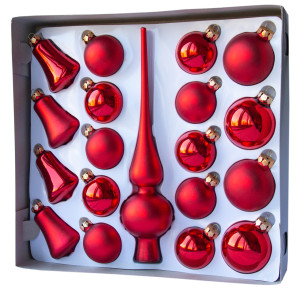 Набір ялинкових іграшок - кулі з верхівкою, 19 шт, D5-6 см, червоний, мікс, скло (390212-3)