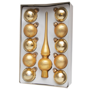 Набір ялинкових іграшок - кулі з верхівкою, 11 шт, D6 см, золотистий, в маленькі зірки, скло, мікс (390236-9)