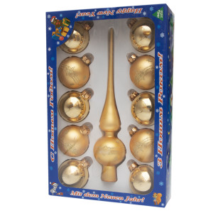 Набір ялинкових іграшок - кулі з верхівкою, 11 шт, D6 см, золотистий, в маленькі зірки, скло, мікс (390236-9)