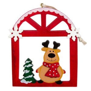 Ялинкова іграшка - фігурка олень у віконці, 12x15 см, червоний, дерево (060368-2)