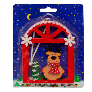 Ялинкова іграшка - фігурка олень у віконці, 12x15 см, червоний, дерево (060368-2)