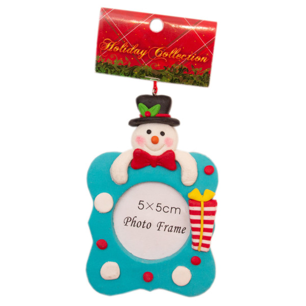 Новорічна ялинкова іграшка - фоторамка Сніговик, 12 см, блакитний, полірезин (001576-3)