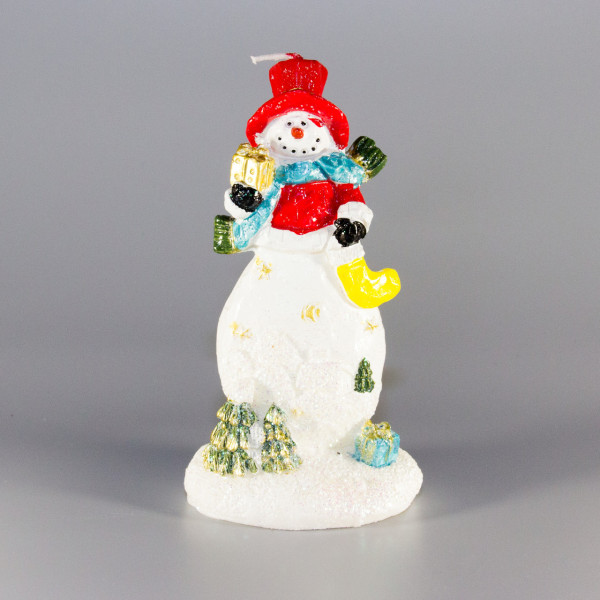 Свічка - Сніговик з подарунком, 6,3x4,9x12 см, білий з червоним, парафін (790692-1)