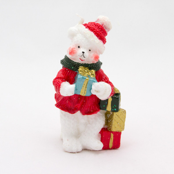 Свічка - Ведмідь з подарунком, 5,2x5,3x9,3 см, білий з червоним, парафін (790708-2)