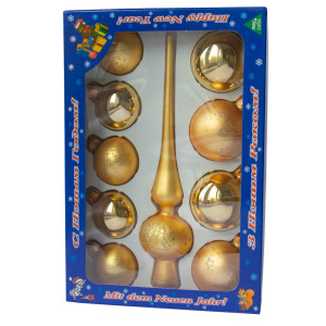 Набір ялинкових іграшок - кулі з верхівкою, 10 шт, D5-6 см, золотистий, у ялинку, скло, мікс (390267-16)