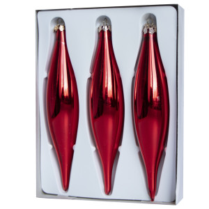 Набір ялинкових іграшок - бурульки, 3 шт, 3x15 см, червоний глянець, скло (390120-10)