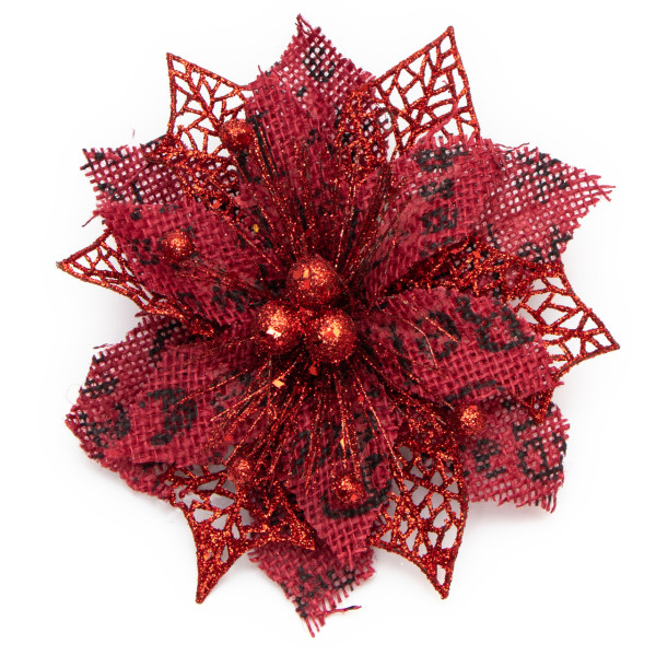 Ялинкова іграшка на кліпсі - Квітка, 15 см, червоний, метал, тканина (004744)