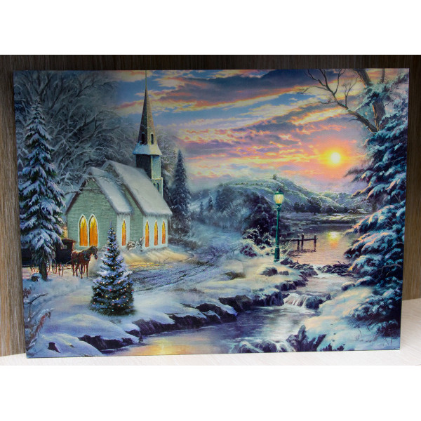 Картина, що світиться - зимовий будинок біля лісу з освітленими вікнами, 6 LЕD ламп, 30x40 см (940140)