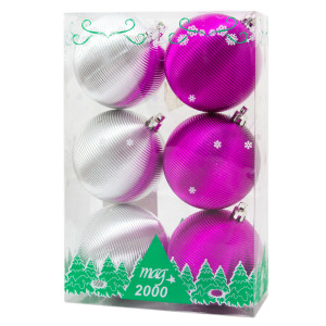 Набір ялинкових іграшок - ребристі кулі, 6 шт, D8 см, фуксія, сріблястий, пластик, глянець (031597-2)