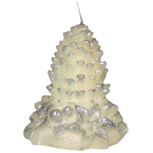 Свічка - Шишка з квіткою, 8,8x8,7x10,2 см, білий зі сріблястим, парафін (444069-1)