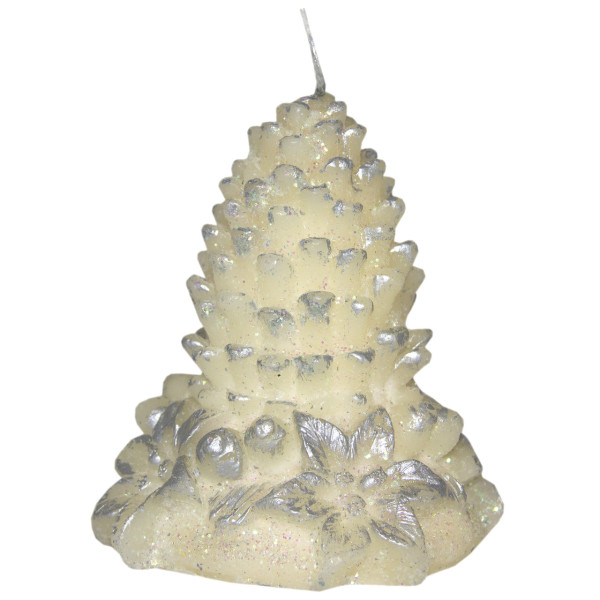 Свічка - Шишка з квіткою, 8,8x8,7x10,2 см, білий зі сріблястим, парафін (444069-1)