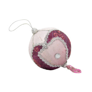 Ялинкова іграшка - куля з тканини вишита бісером, 10 см, рожева, текстиль (430239-1)