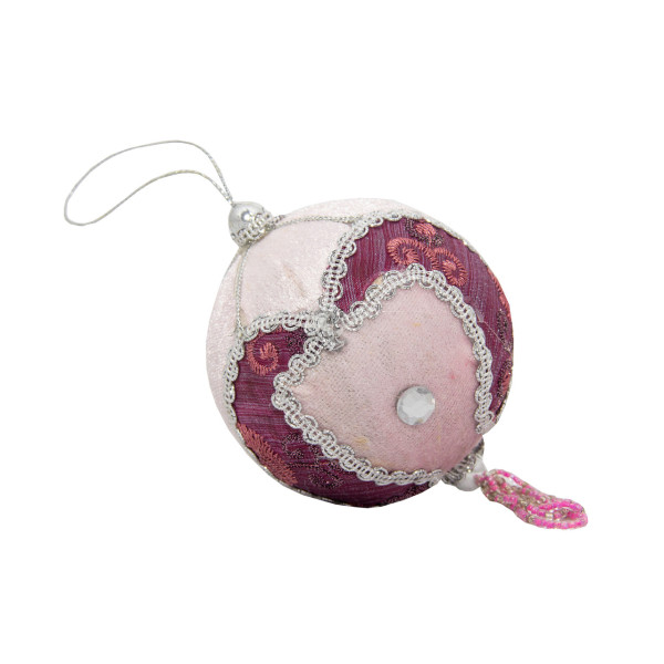 Ялинкова іграшка - куля з тканини вишита бісером, 10 см, рожева, текстиль (430239-1)