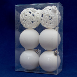 Набір ялинкових іграшок - кулі, 6 шт, D6 см, білий, 2 матовий, 2 глянець, 2 гліттер, пластик (251734-1)