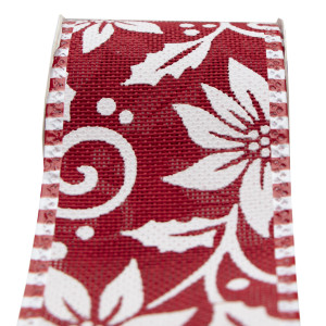 Декоративна прикраса - стрічка в рулоні червона з білою квіткою, 3 м, 6,3 см, червоний, поліестер (080556-3)