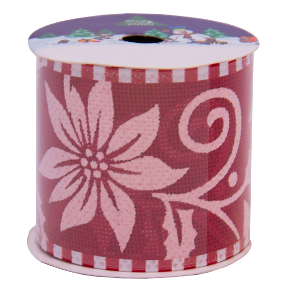 Декоративна прикраса - стрічка в рулоні червона з білою квіткою, 3 м, 6,3 см, червоний, поліестер (080556-3)