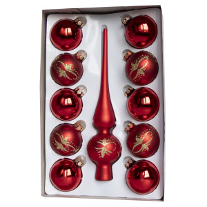 Набір ялинкових іграшок - кулі з верхівкою, 11 шт, D6 см, червоний, скло, сніжинки, мікс (390236-18)