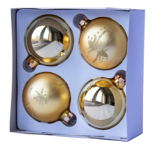 Набір ялинкових іграшок - кулі, 4 шт, D7 см, золотистий, мікс, в сніжинку, скло (390335-7)
