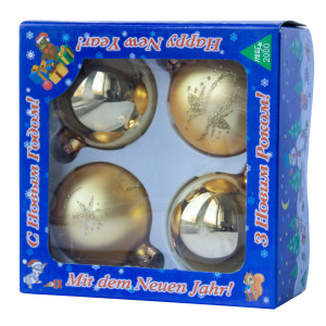 Набір ялинкових іграшок - кулі, 4 шт, D7 см, золотистий, мікс, в сніжинку, скло (390335-7)